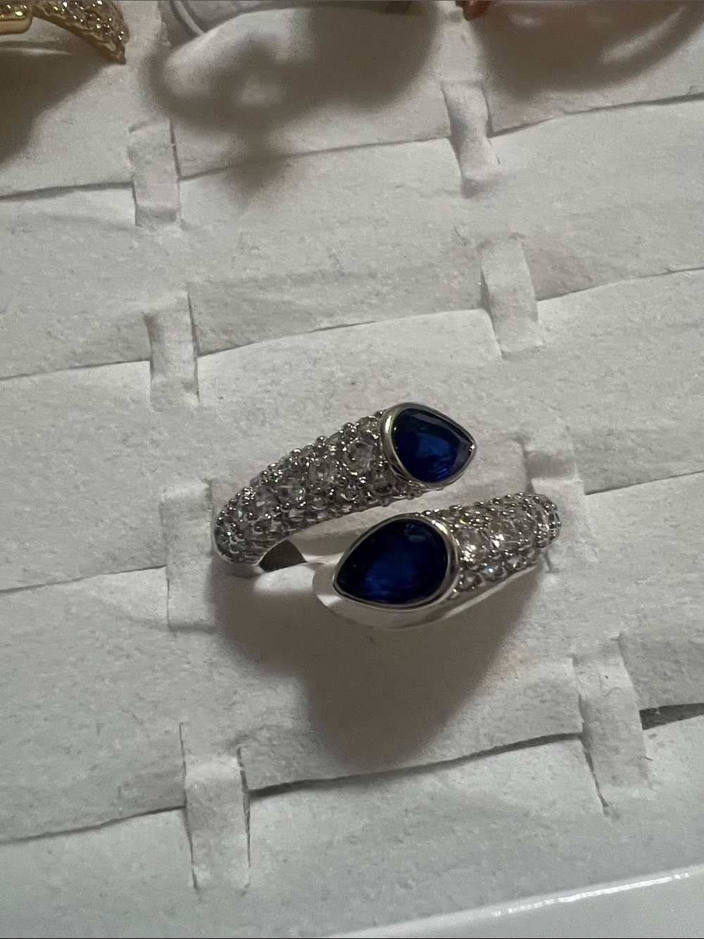 Sterling Silver Open Ring with Deep Blue Teardrop Stones